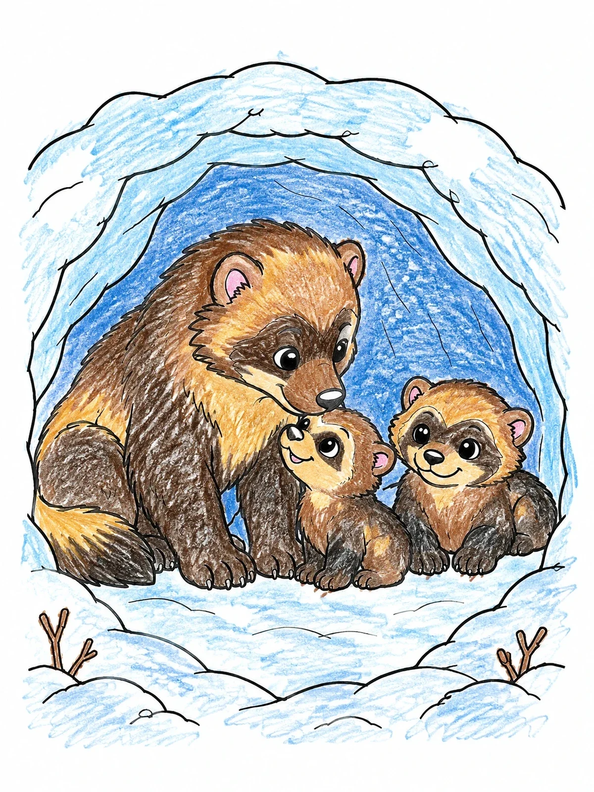 Colored example of the Mother Wolverine And Kits In Den coloring page