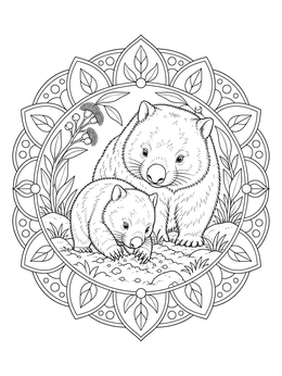 A mother wombat and her joey framed by floral mandala patterns in this detailed wombat coloring page.