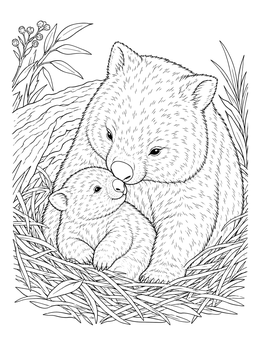 A tender wombat coloring page showing a mother nuzzling her baby joey in a grassy nest.