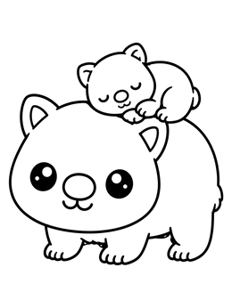 A cute wombat coloring page featuring a mother wombat carrying her sleeping baby on her back.