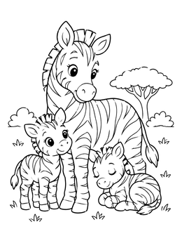 A mother zebra stands with her two cute foals in this zebra coloring page.