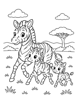 A sweet zebra coloring page showing a mother zebra walking with two small foals on the savanna.
