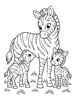 Mother zebra standing with two cute foals on this zebra coloring page.