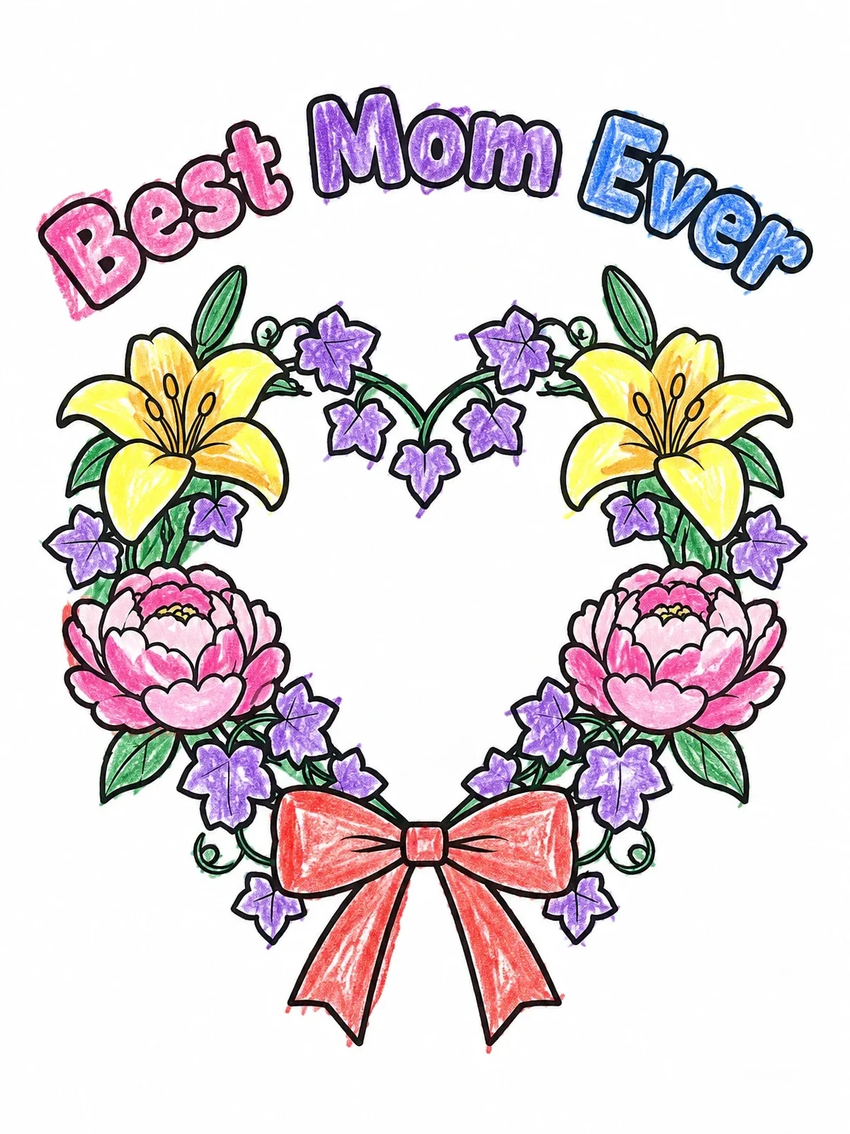 Colored example of the Best Mom Ever Floral Heart Wreath coloring page