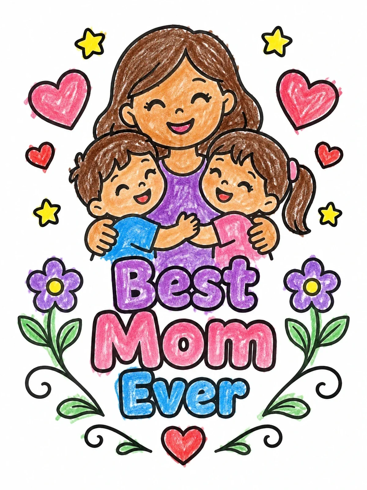 Colored example of the Best Mom Ever With Hugging Children coloring page