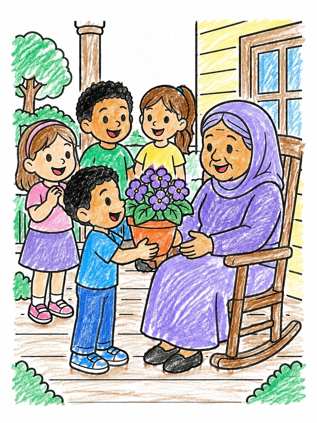 Colored example of the Children Giving Flowers To Grandmother coloring page