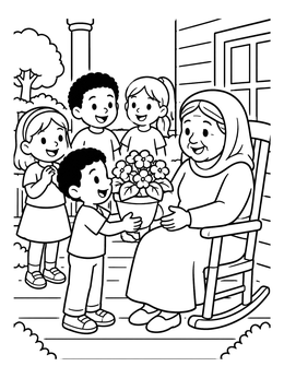 Free printable Children Giving Flowers To Grandmother coloring page