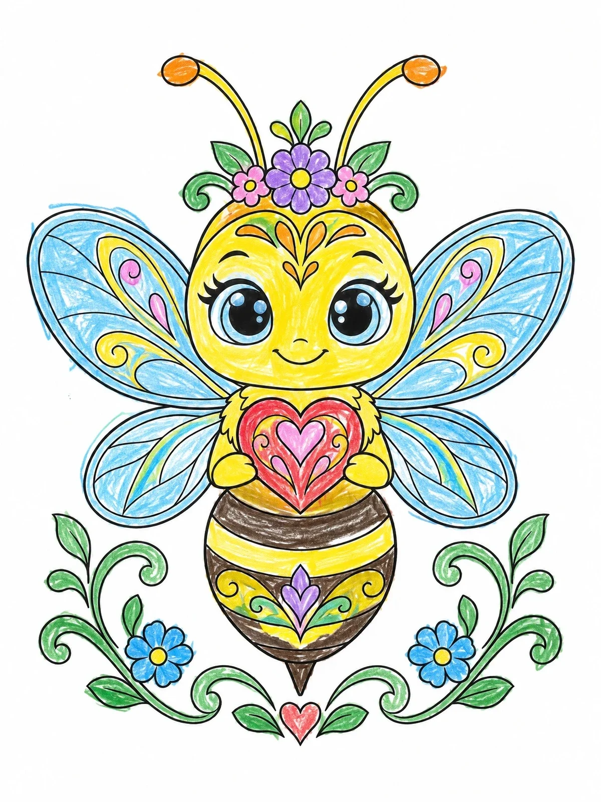 Colored example of the Cute Honeybee Holding A Heart coloring page