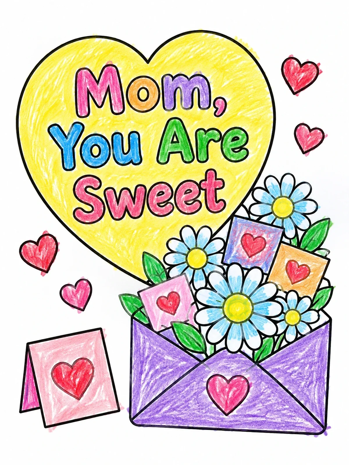Colored example of the Mother's Day Envelope And Flowers coloring page