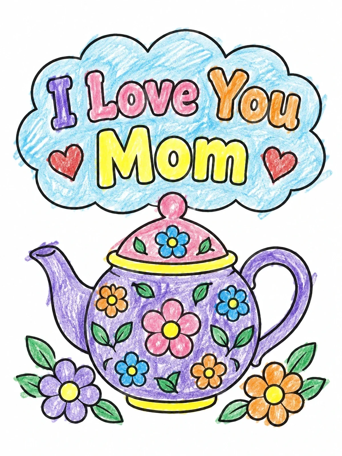 Colored example of the Floral Teapot With Sweet Message coloring page