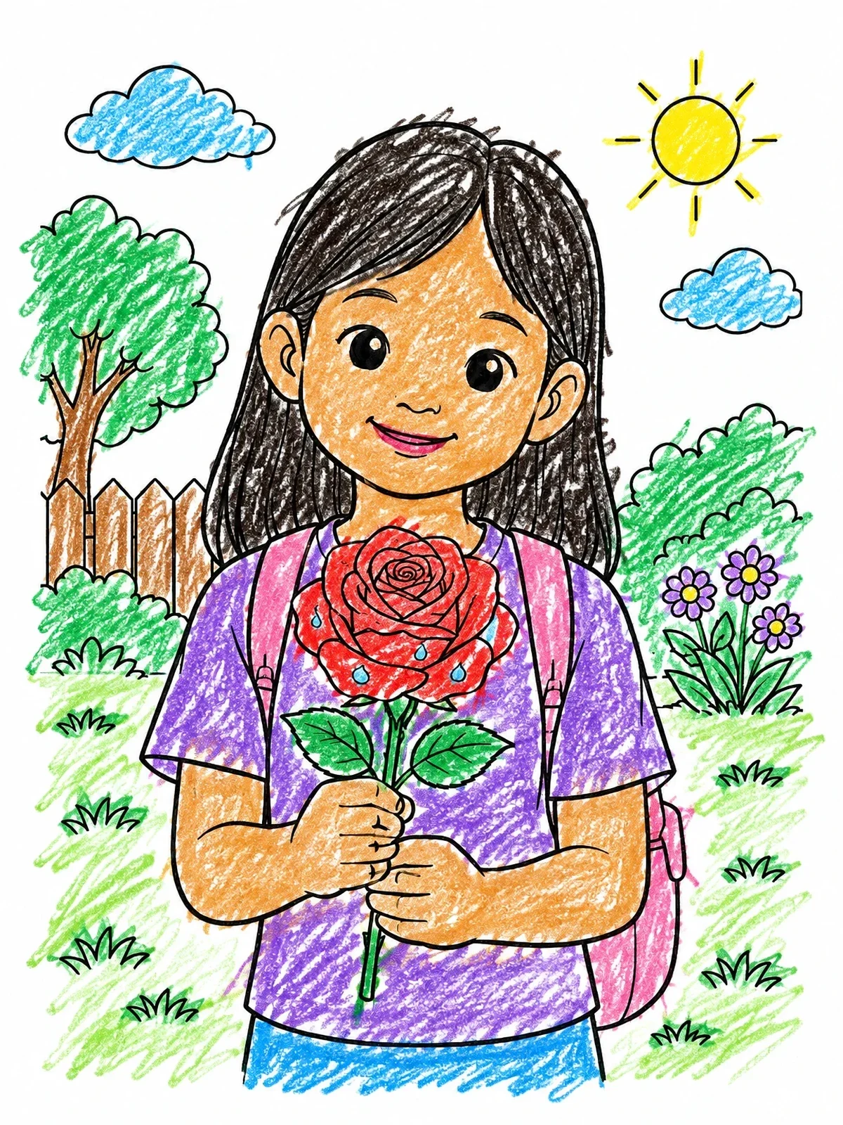 Colored example of the Girl Holding A Morning Rose coloring page