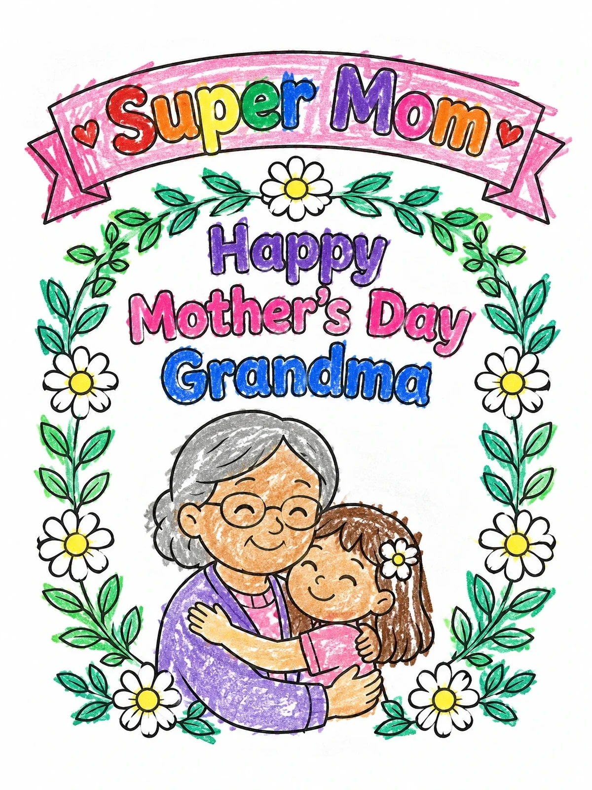 Colored example of the Grandma And Granddaughter Mother's Day Card coloring page