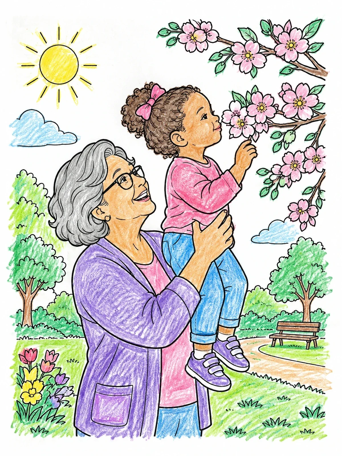 Colored example of the Grandmother And Grandchild With Spring Blossoms coloring page