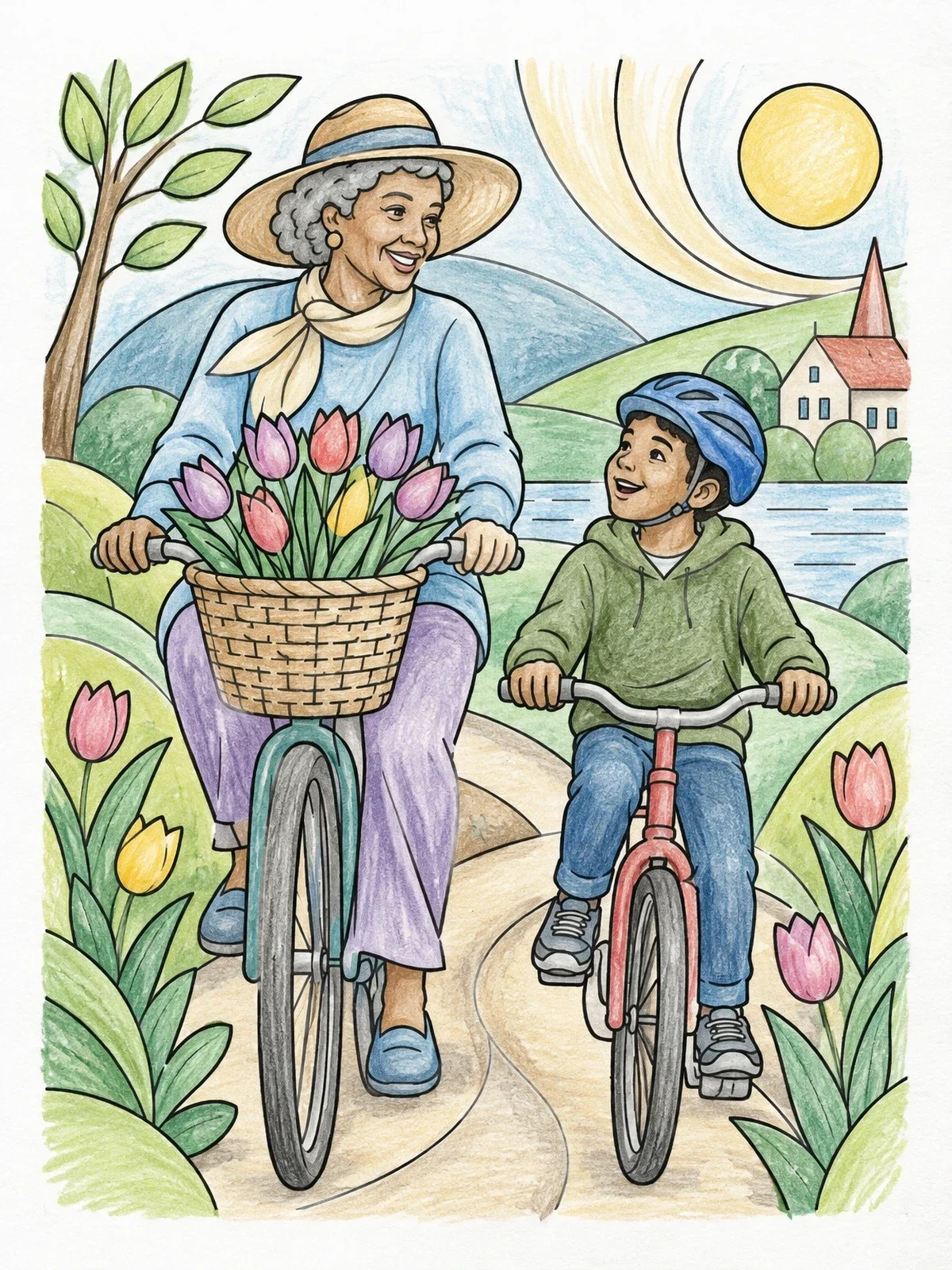 Colored example of the Grandmother And Grandson Bike Ride coloring page