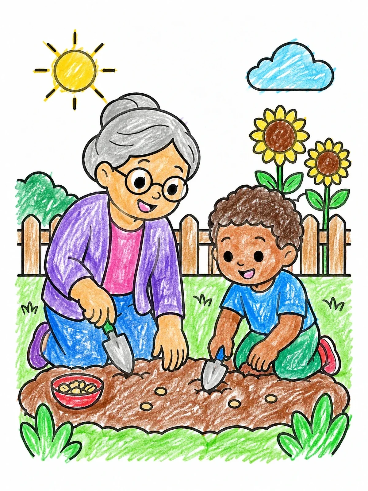 Colored example of the Grandmother And Grandson Planting Seeds coloring page