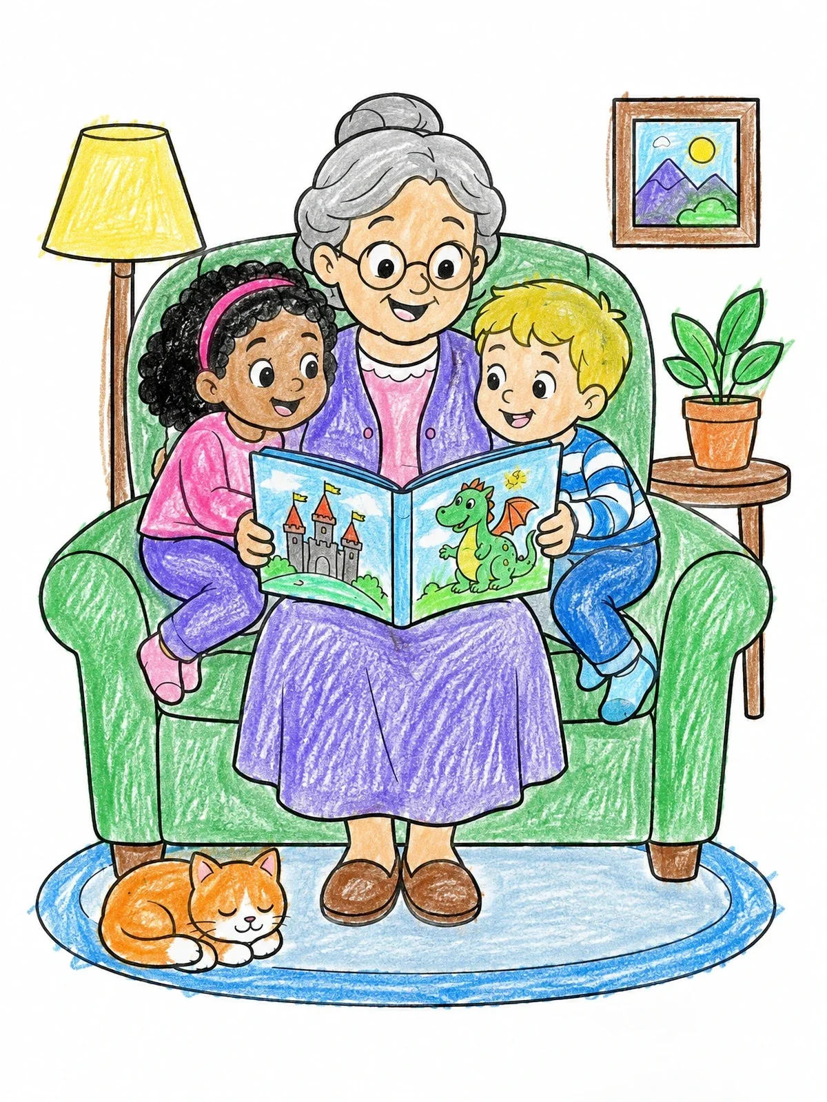 Colored example of the Grandmother Reading With Her Grandchildren coloring page