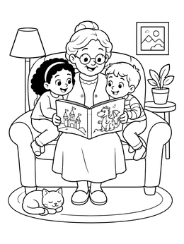 Free printable Grandmother Reading With Her Grandchildren coloring page