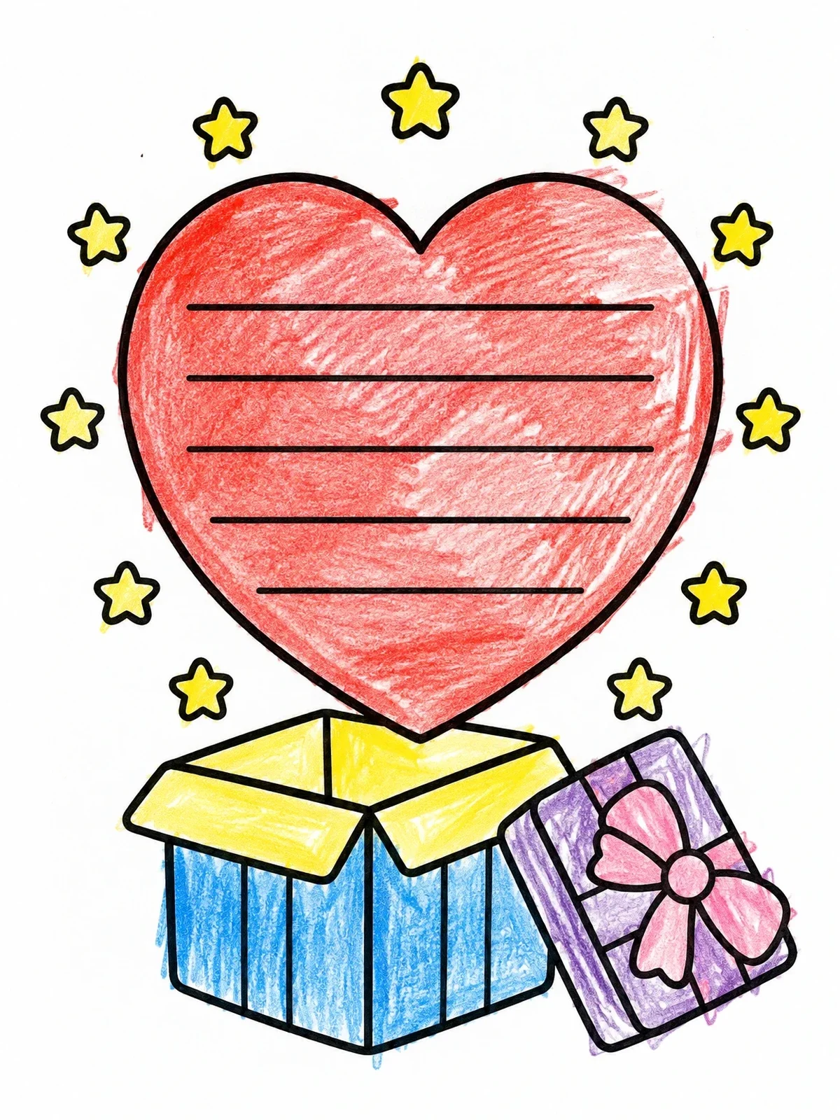 Colored example of the Heart Gift Box Surprise coloring page