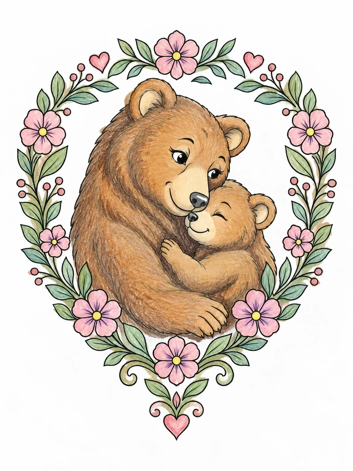 Colored example of the Mother Bear And Cub In Floral Frame coloring page