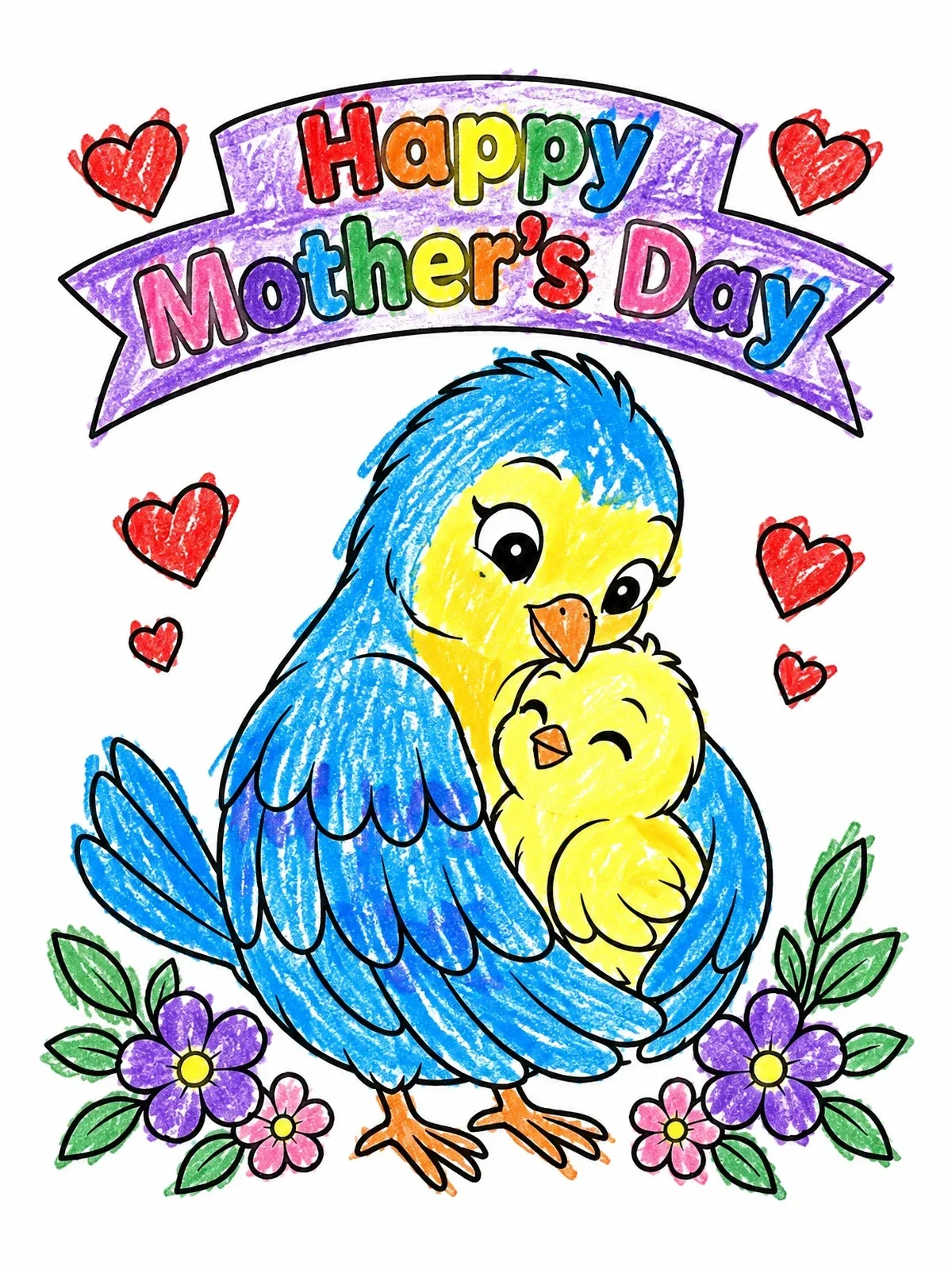 Colored example of the Mother Bird Cuddling Her Chick coloring page