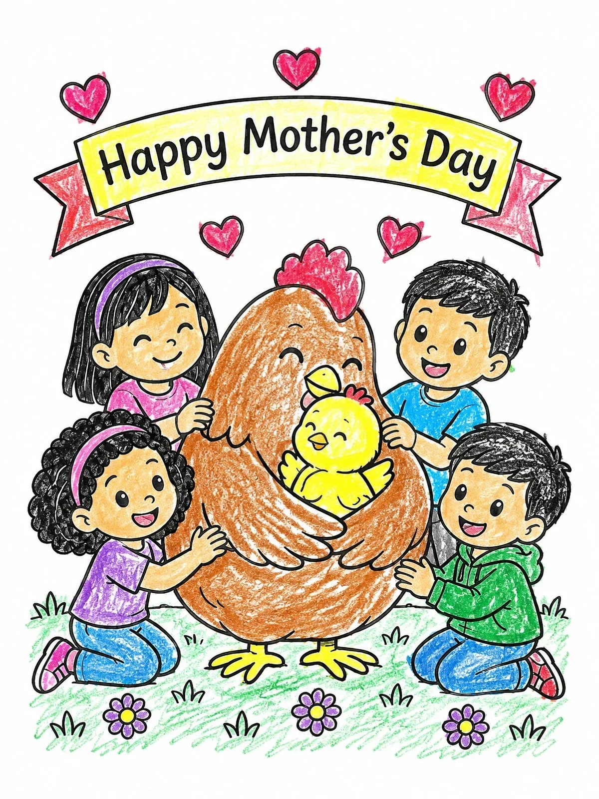 Colored example of the Children Celebrating Mother Hen And Chick coloring page