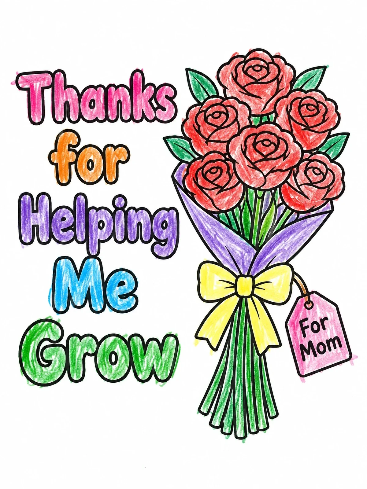 Colored example of the Mother's Day Bouquet With Message coloring page