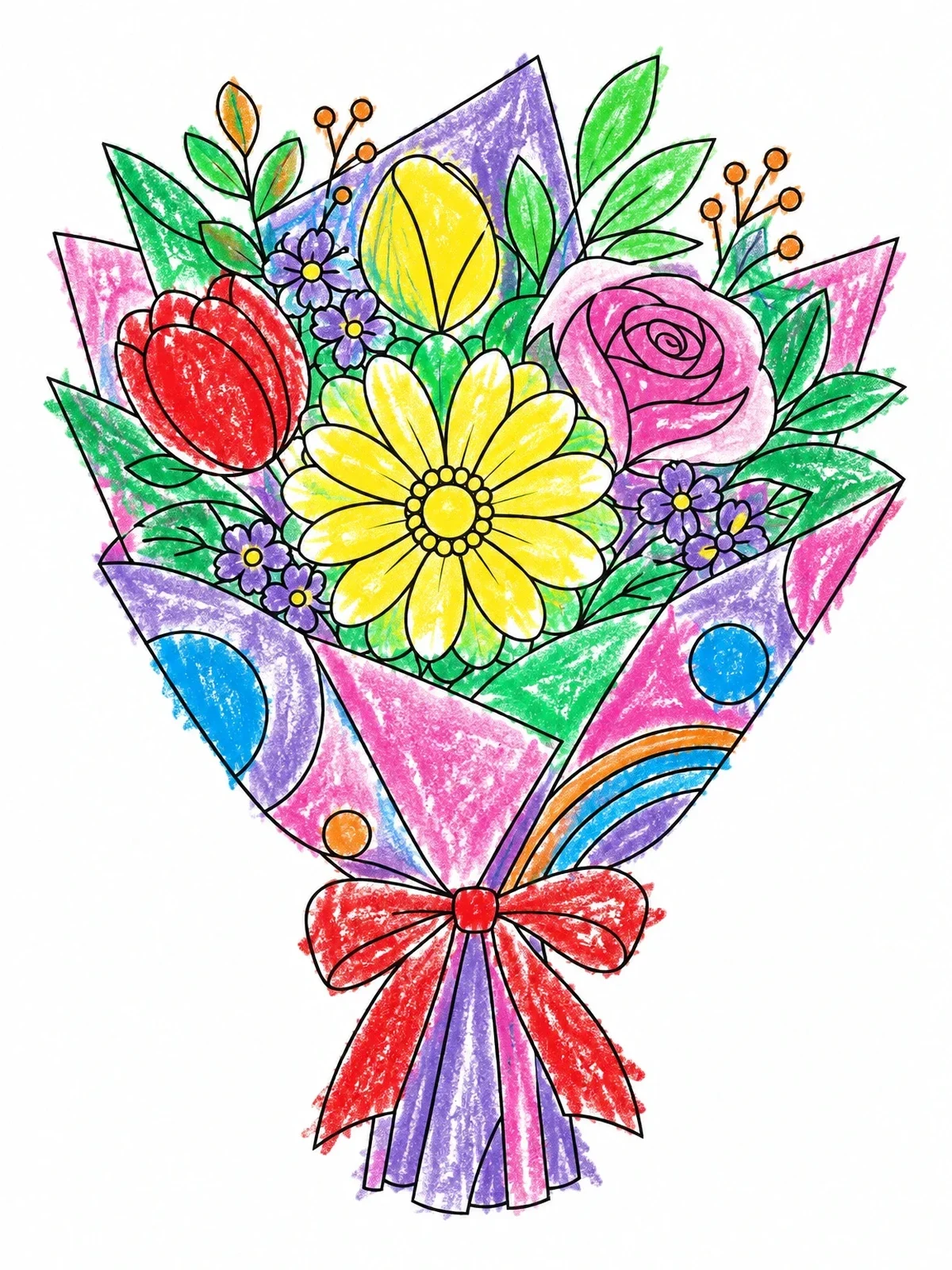 Colored example of the Wrapped Spring Flower Bouquet With Bow coloring page