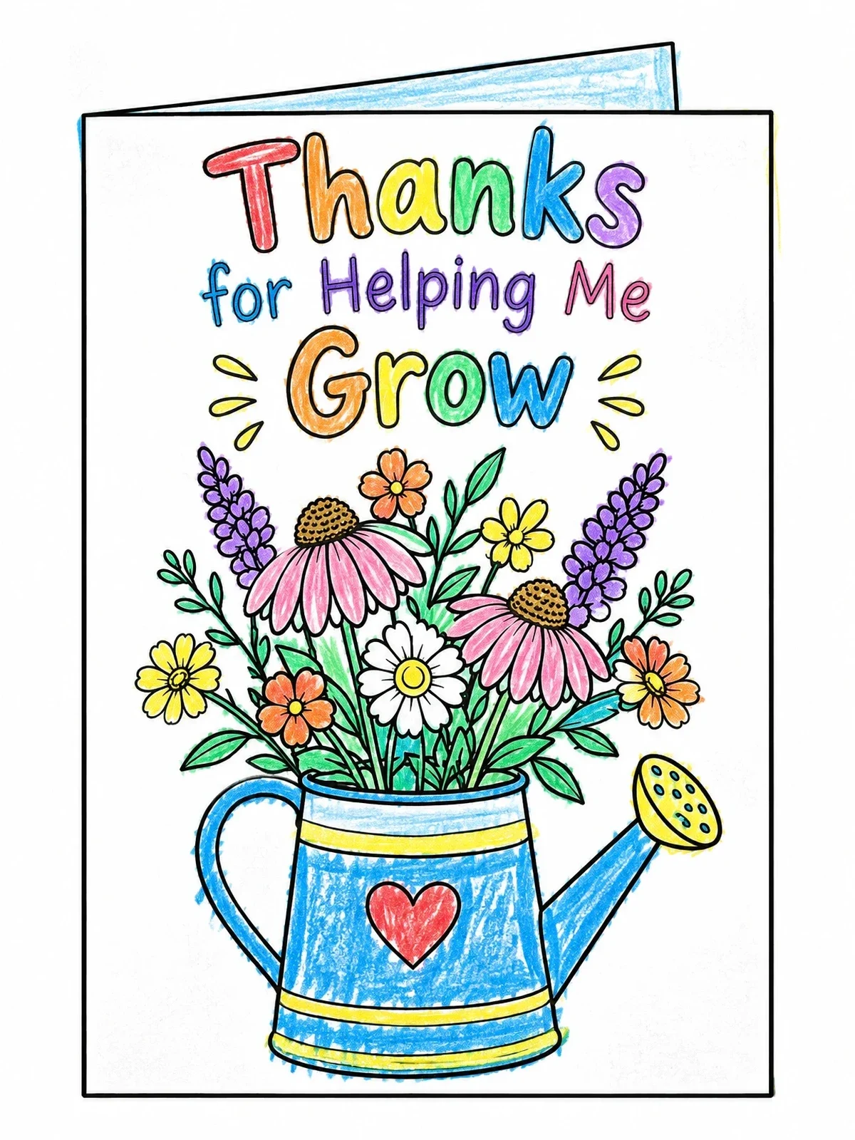 Colored example of the Thanks For Helping Me Grow Card coloring page