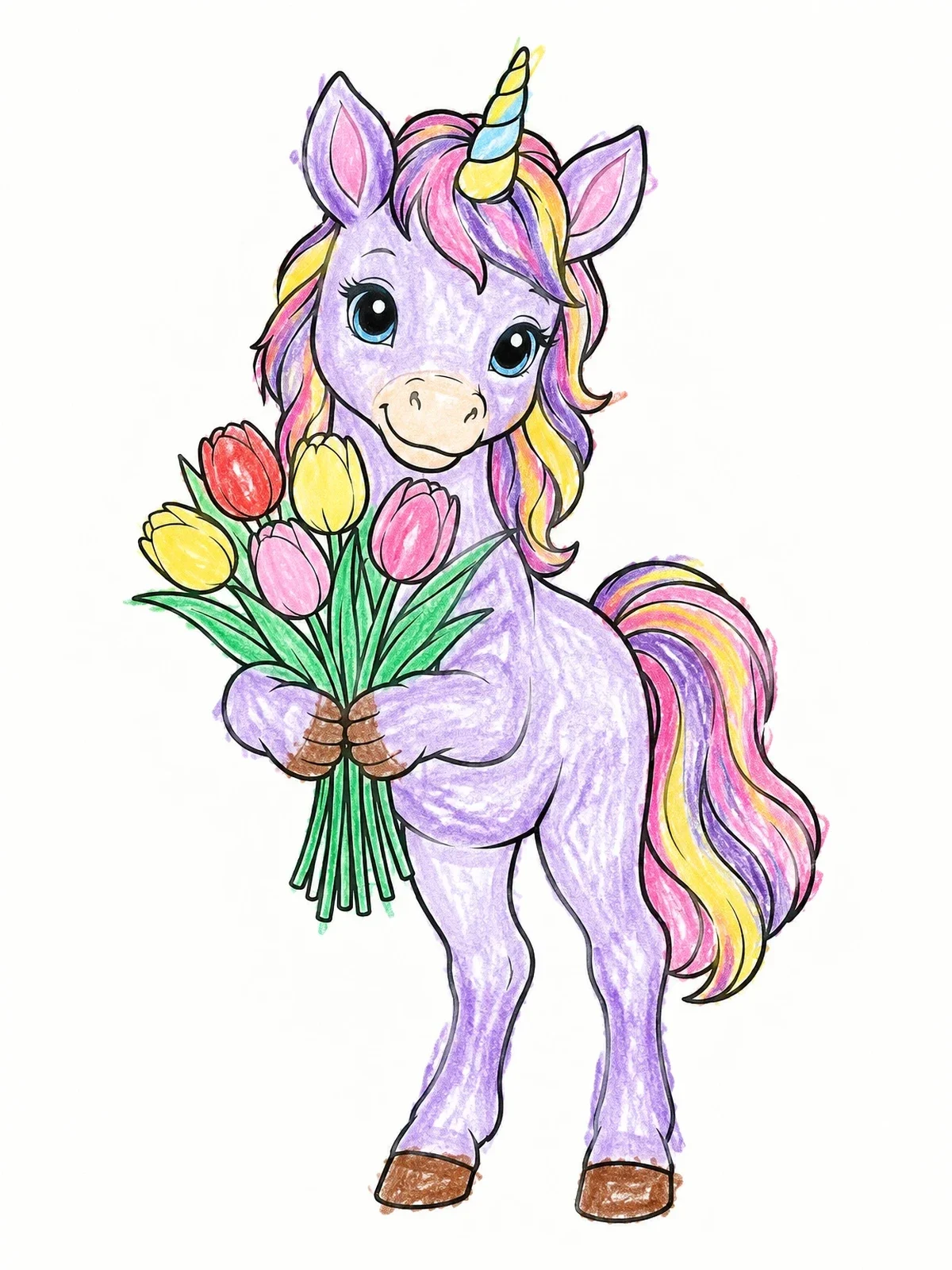 Colored example of the Cute Baby Unicorn With Tulip Bouquet coloring page