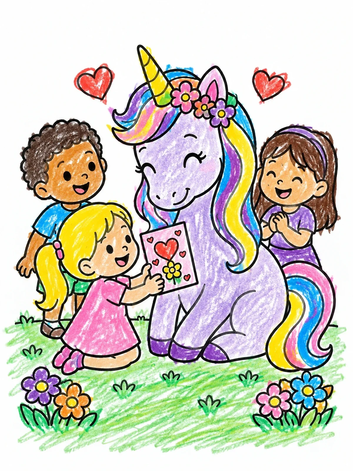Colored example of the Children Giving Card To Unicorn coloring page