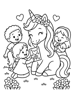 Free printable Children Giving Card To Unicorn coloring page