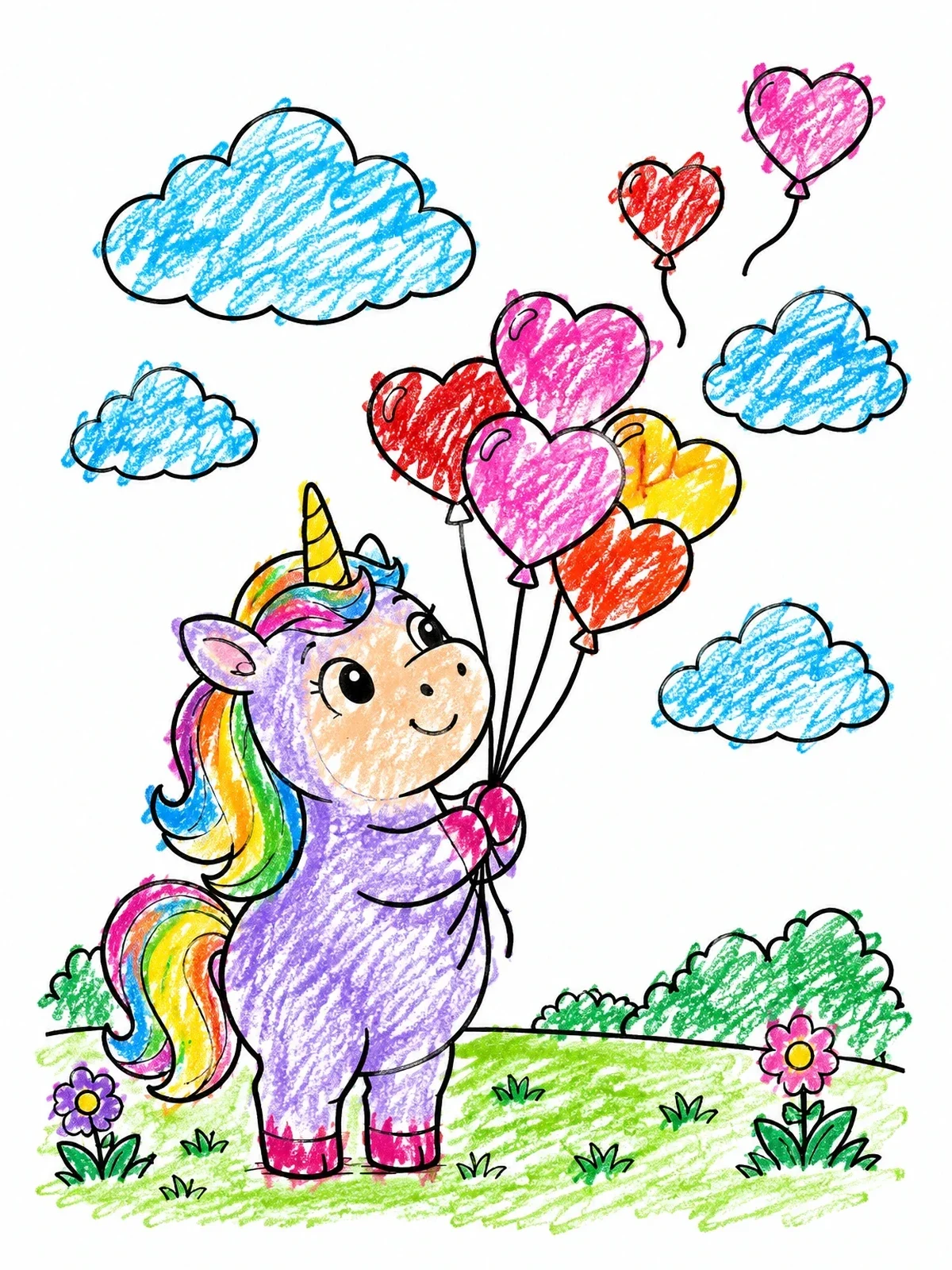 Colored example of the Cute Chubby Unicorn With Heart Balloons coloring page