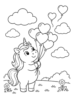 Free printable Cute Chubby Unicorn With Heart Balloons coloring page