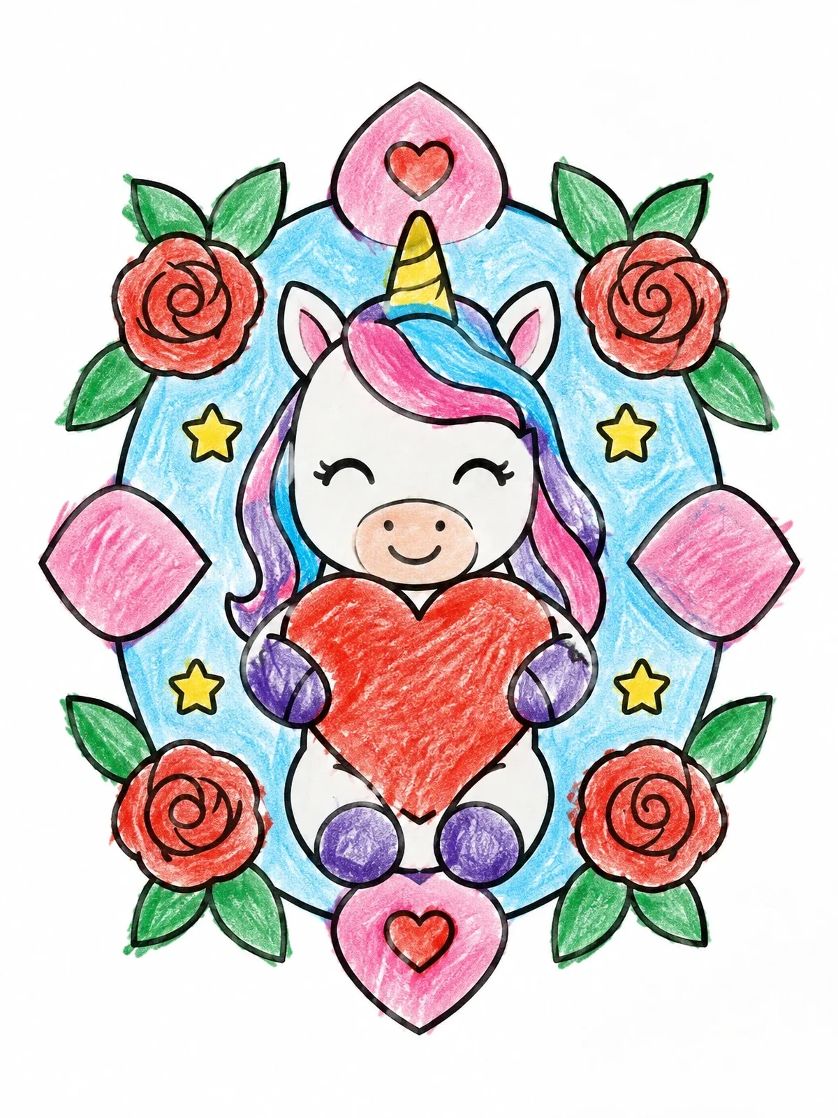 Colored example of the Cute Baby Unicorn With Rose Wreath coloring page