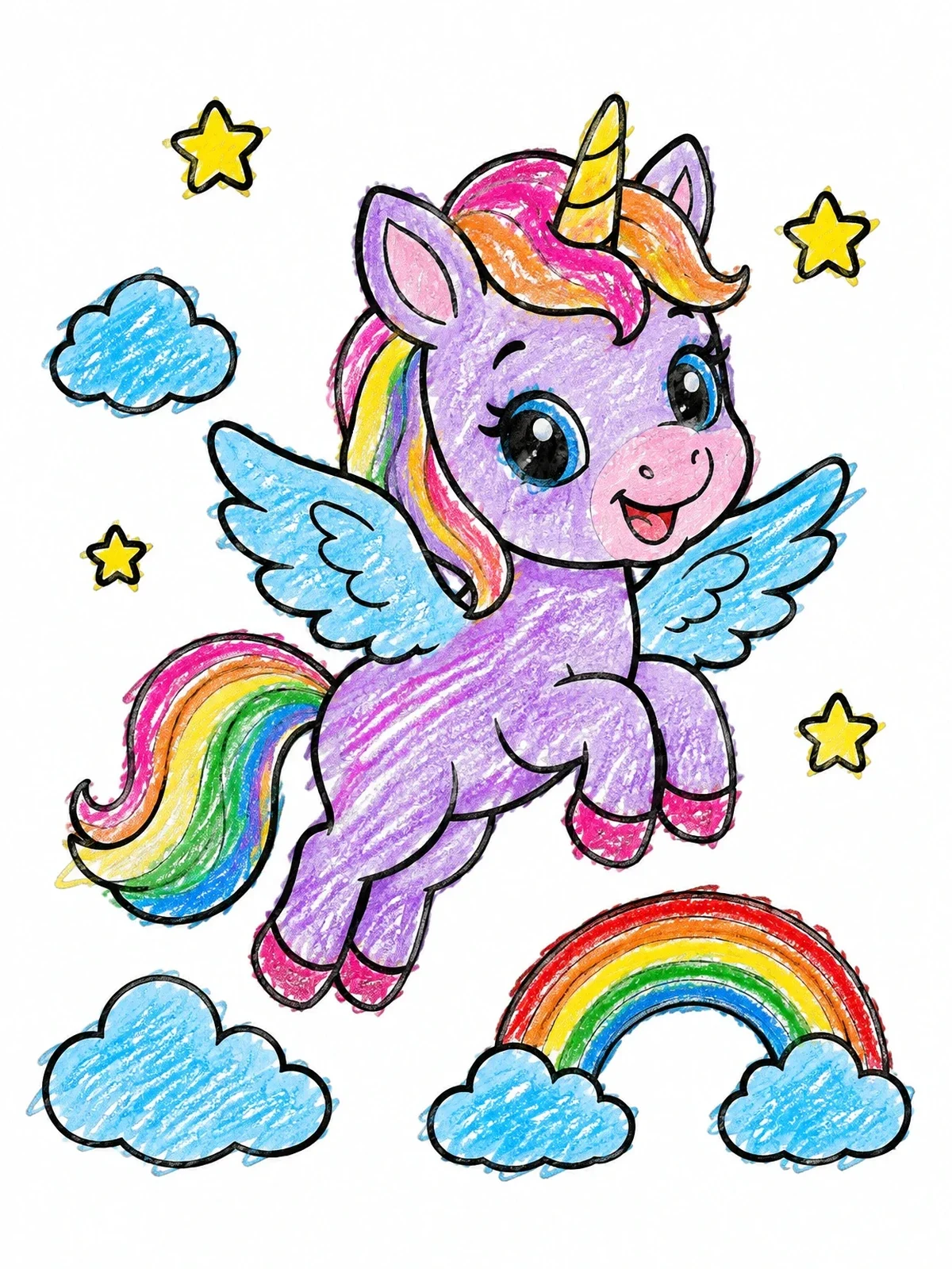Colored example of the Cute Flying Baby Pegasus Unicorn coloring page