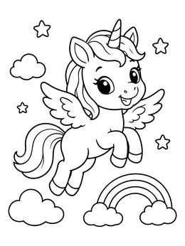 Free printable Cute Flying Baby Pegasus Unicorn coloring page