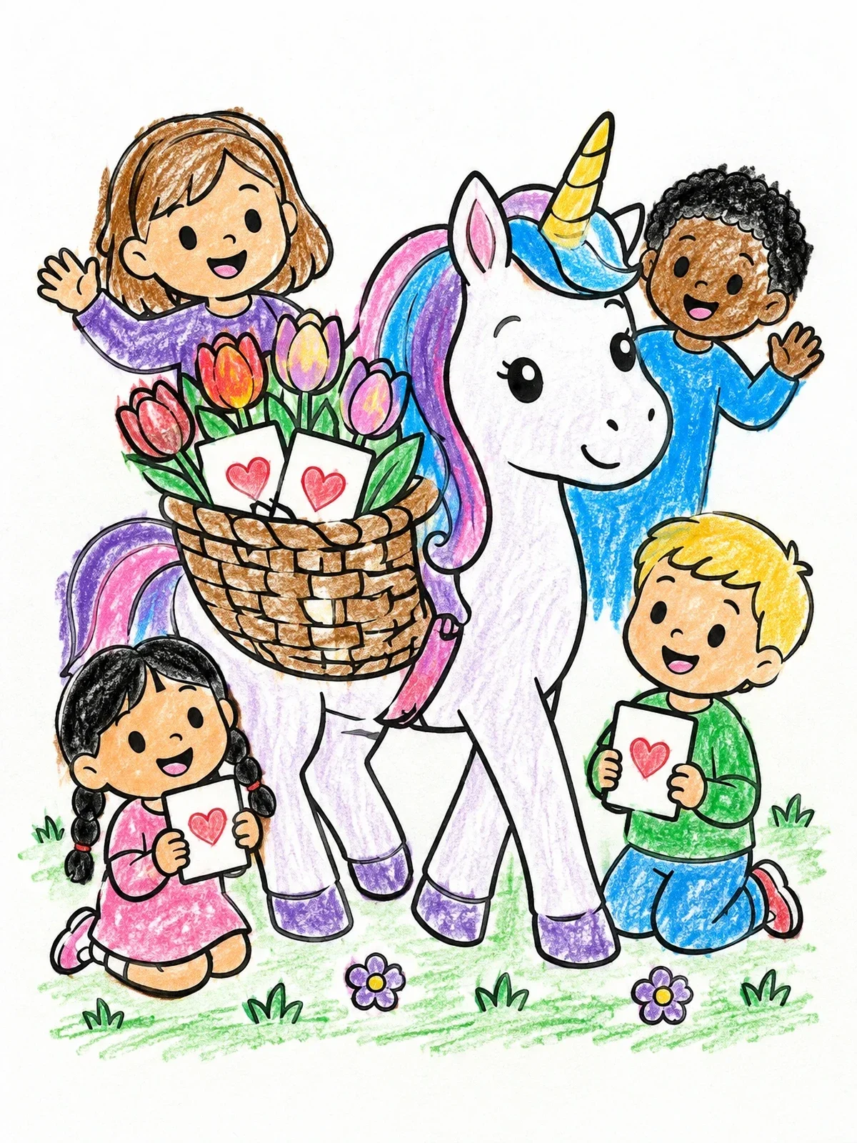 Colored example of the Unicorn Delivering Mother's Day Flowers With Children coloring page