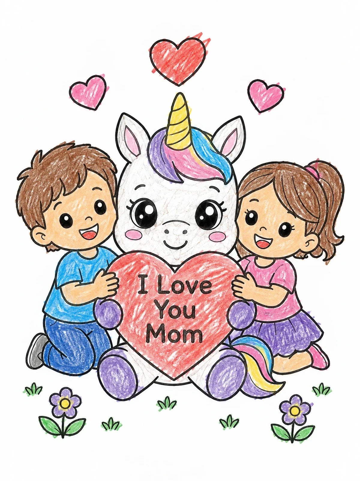 Colored example of the Cute Unicorn And Kids Mother's Day coloring page