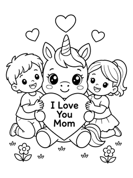 Free printable Cute Unicorn And Kids Mother's Day coloring page