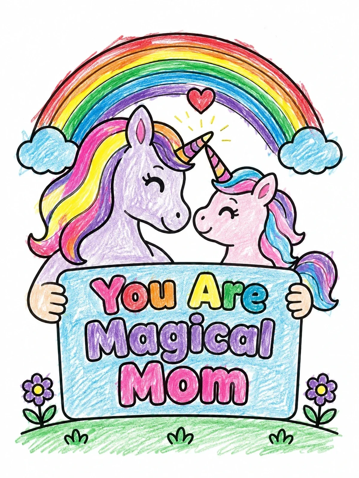 Colored example of the Magical Mom Unicorn And Foal coloring page