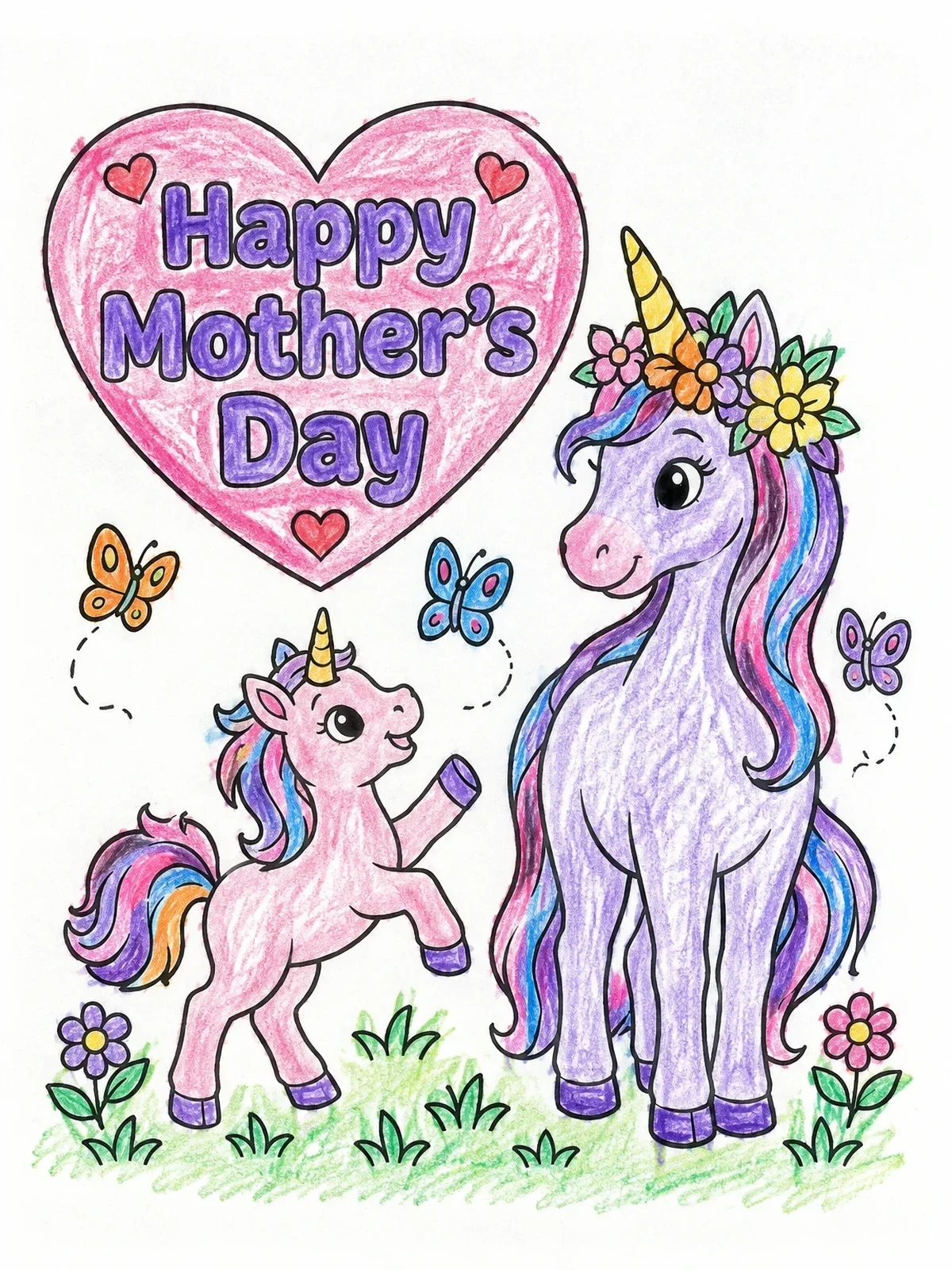 Colored example of the Unicorn Mother And Playful Foal coloring page