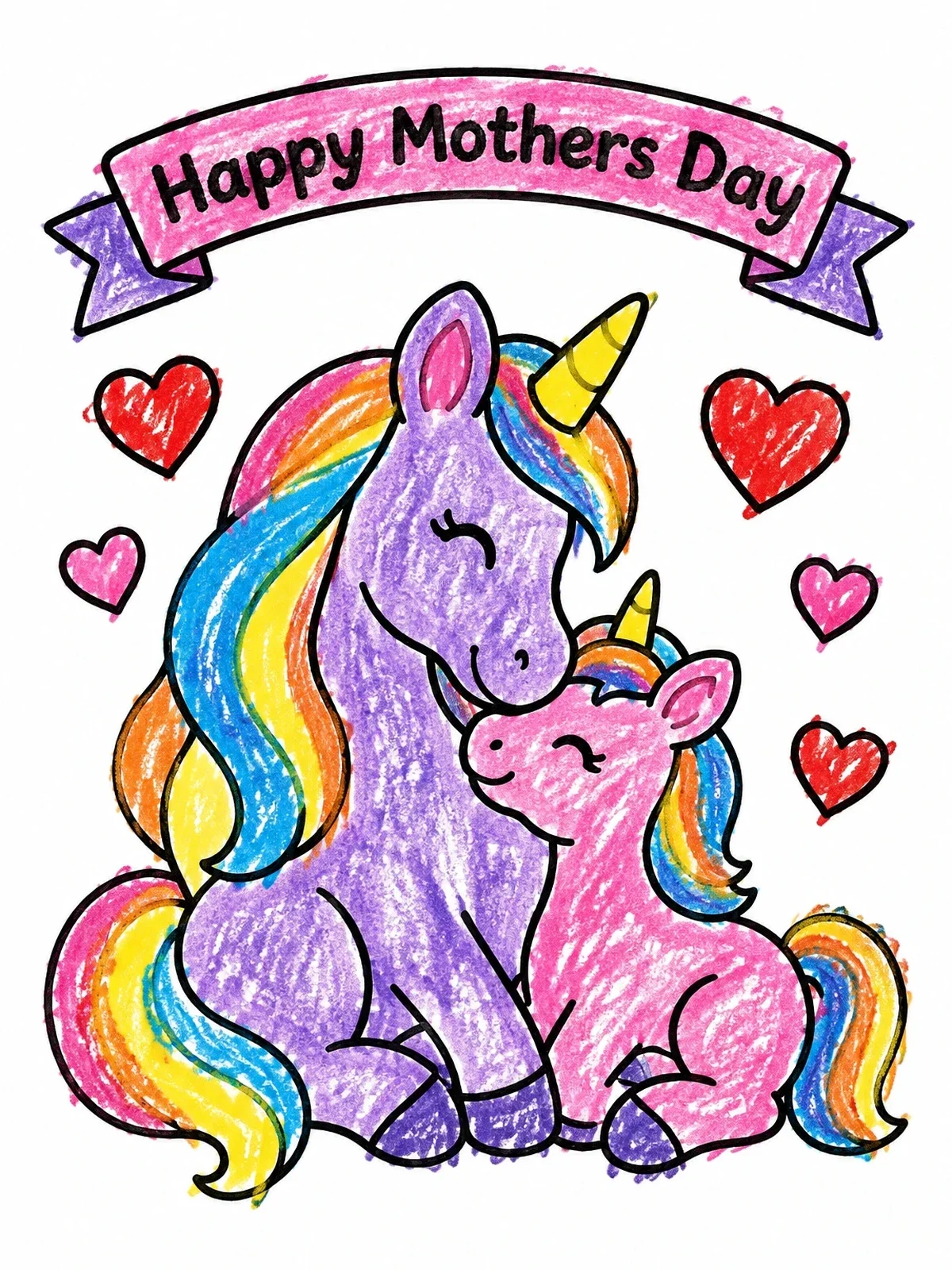 Colored example of the Mother And Baby Unicorn Celebration coloring page