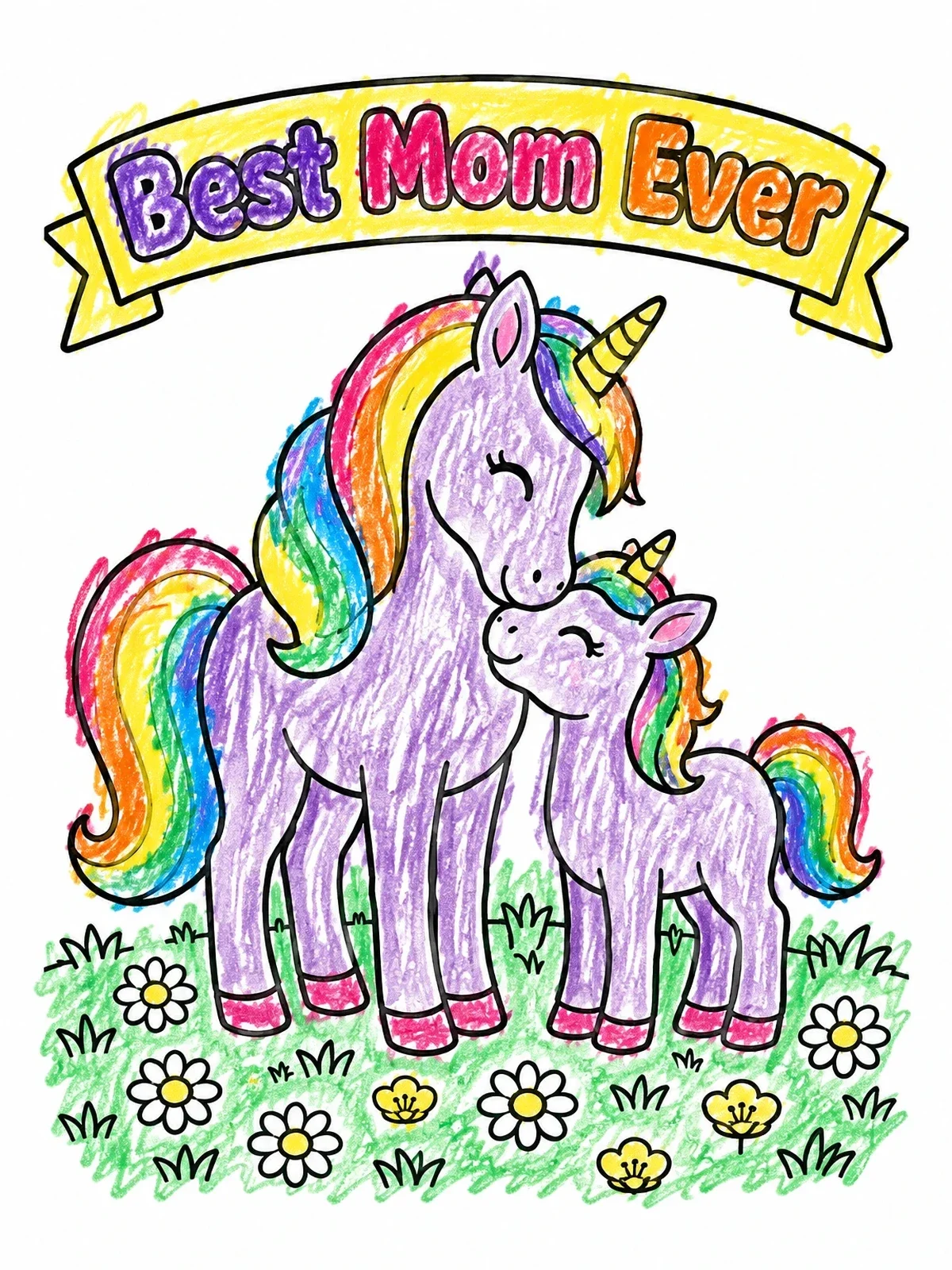 Colored example of the Mother And Baby Unicorn In Meadow coloring page