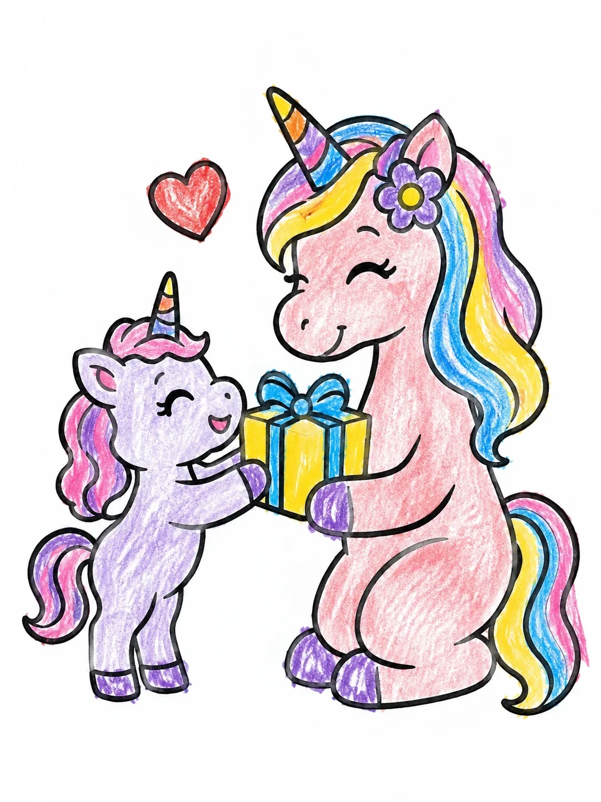 Colored example of the Mother And Baby Unicorn With Gift coloring page