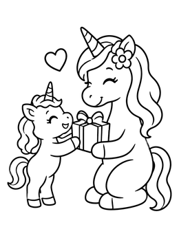 Free printable Mother And Baby Unicorn With Gift coloring page