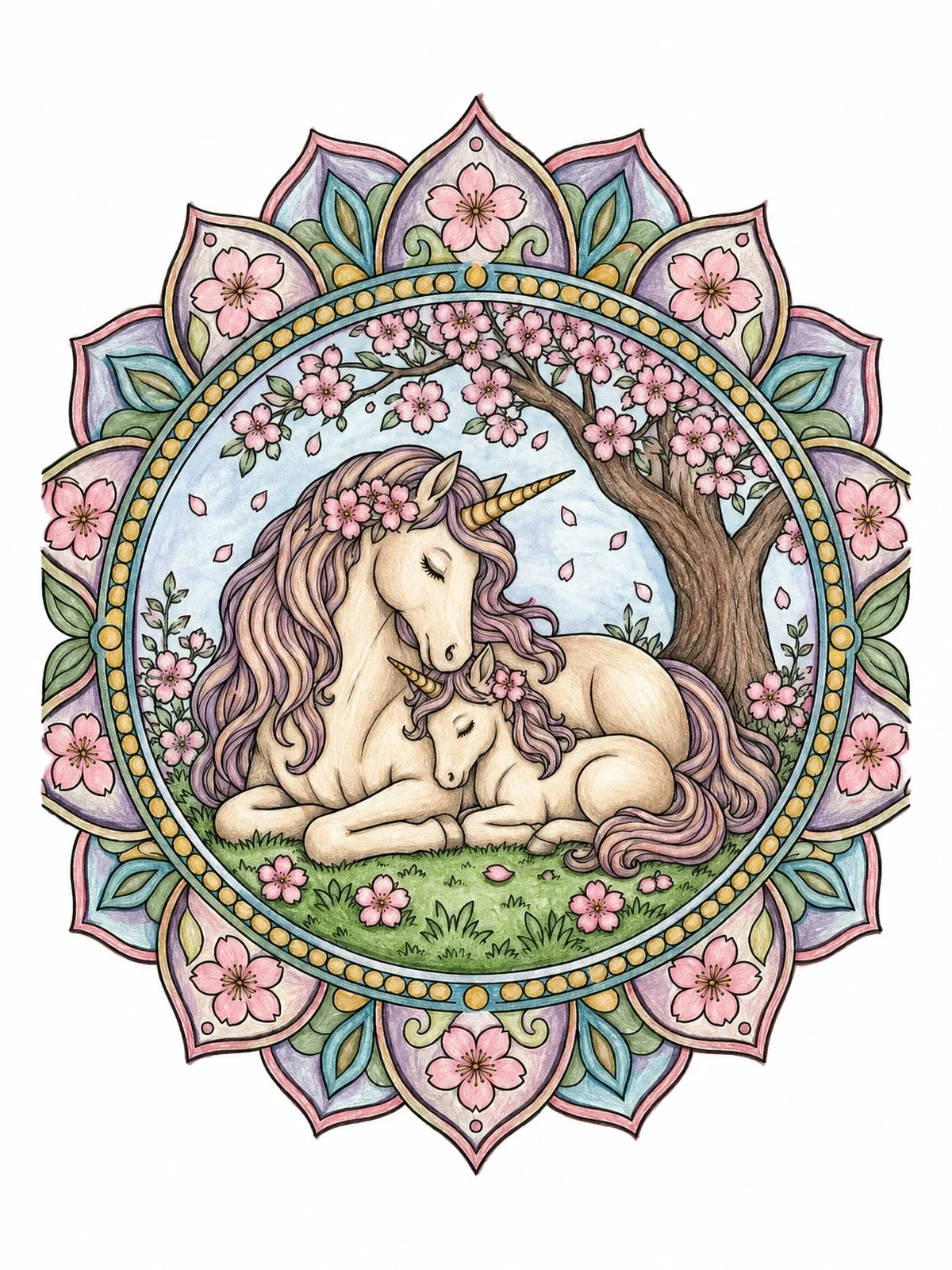 Colored example of the Mother Unicorn And Foal Mandala coloring page