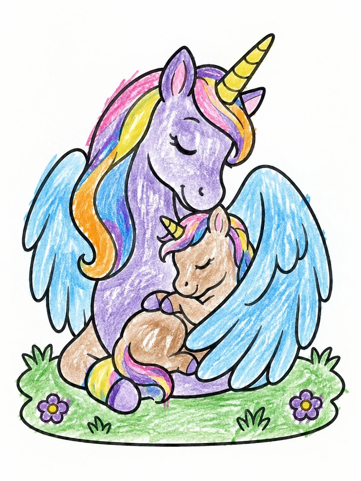 Colored example of the Mother Unicorn Cuddling Her Foal coloring page