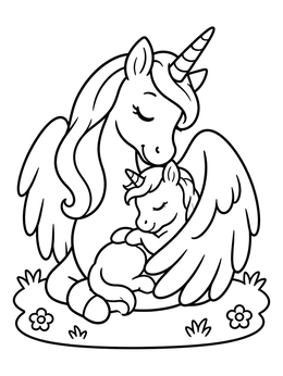 Free printable Mother Unicorn Cuddling Her Foal coloring page