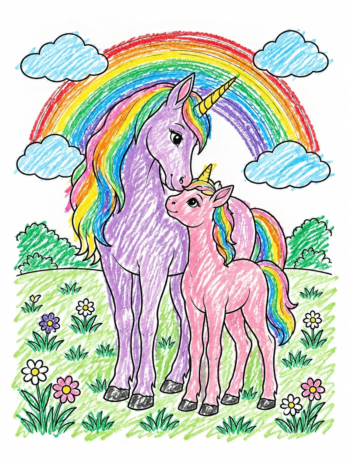 Colored example of the Mother Unicorn With Little Foal coloring page