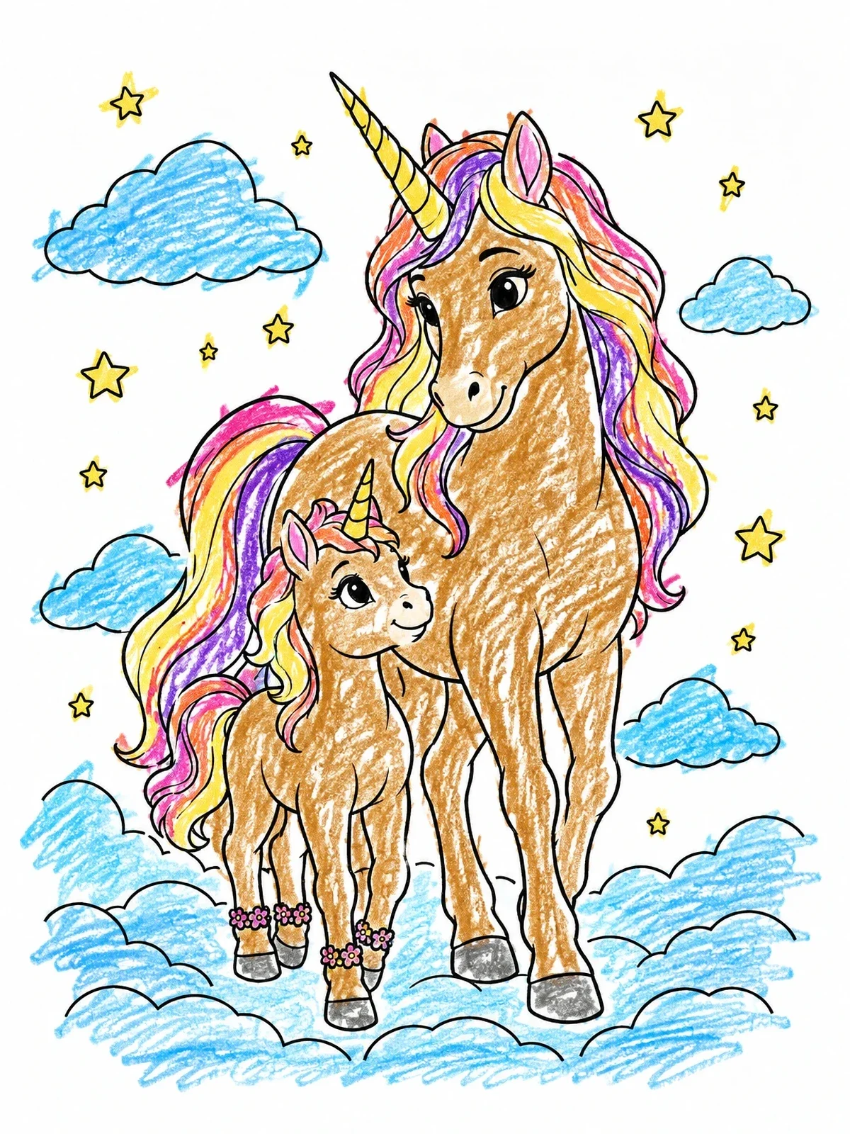 Colored example of the Unicorn Mother And Foal In Clouds coloring page